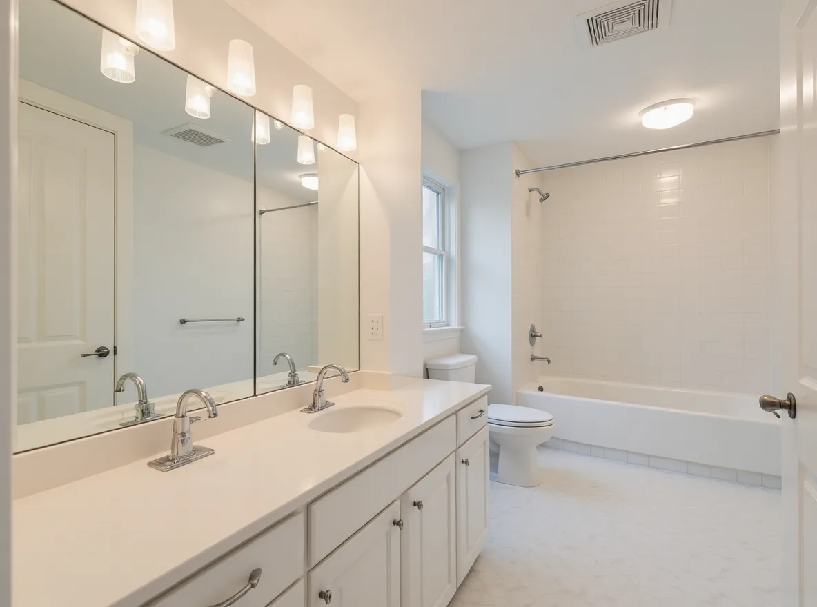 An empty bathroom with a double vanity, a large mirror and a tiled tub
