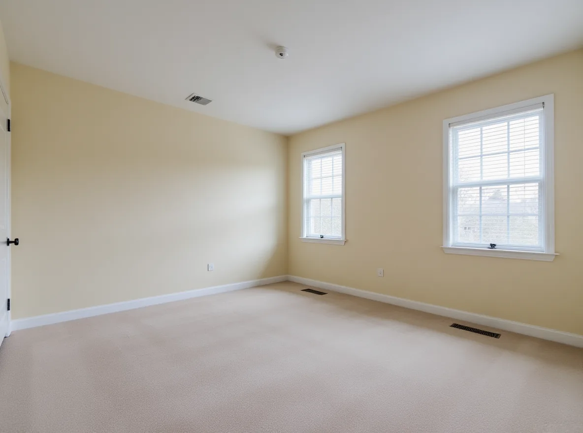 An empty bedroom with two windows, a ceiling vent and floor vents