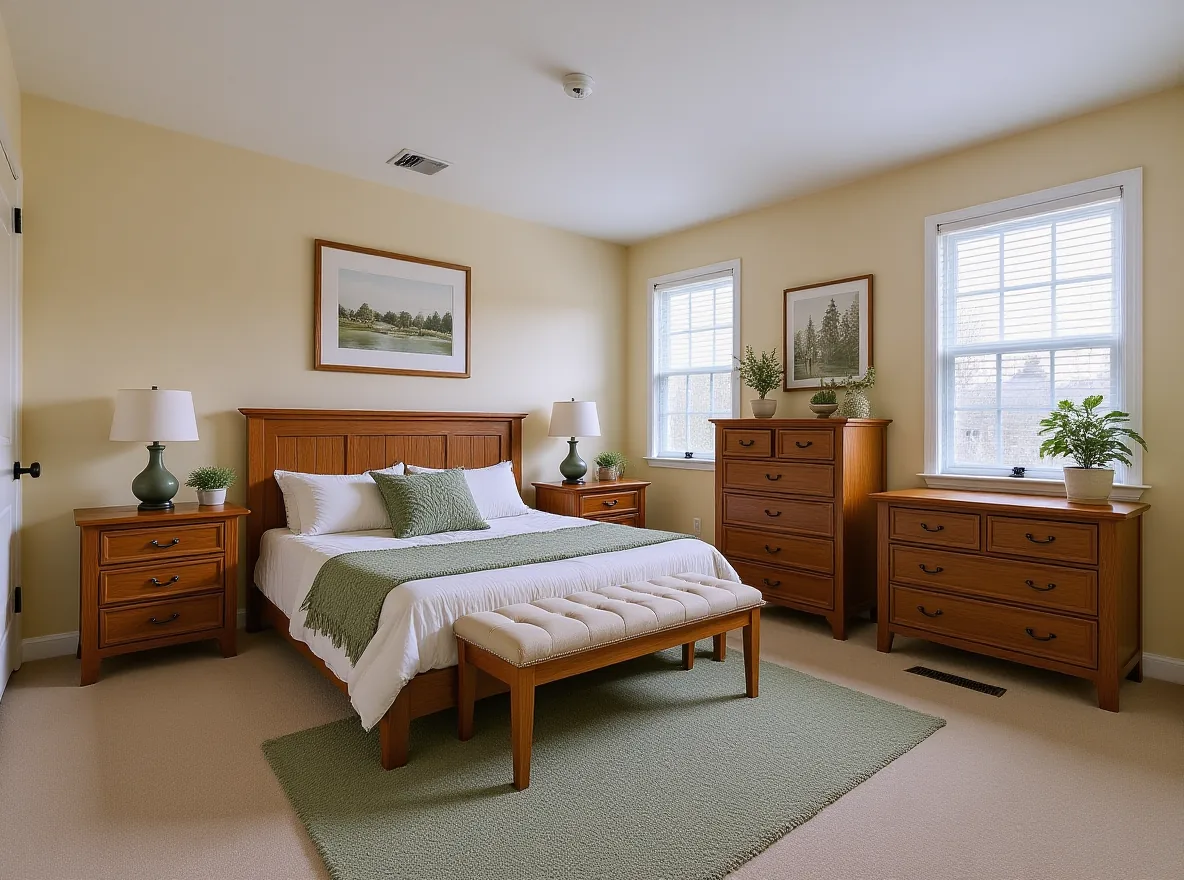 The same bedroom staged with a bed, nightstands, a dresser, a bench and a rug