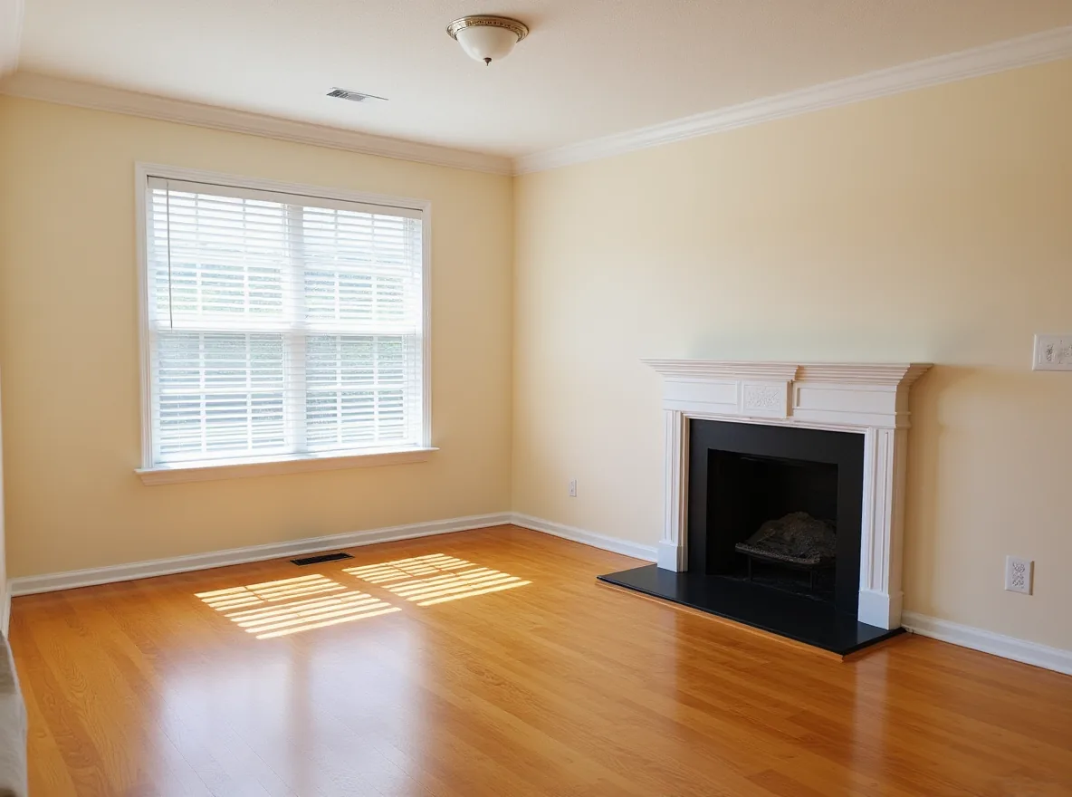 The same living room before staging, empty apart from the floor