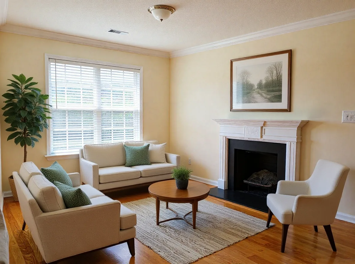 A living room after virtual staging, with a sofa, two armchairs, a coffee table and a rug