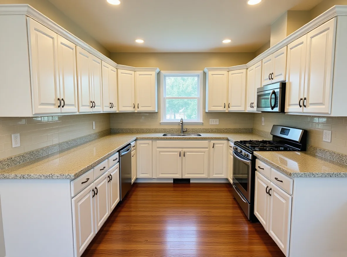 An empty kitchen with white cabinets, granite counters and a tile backsplash