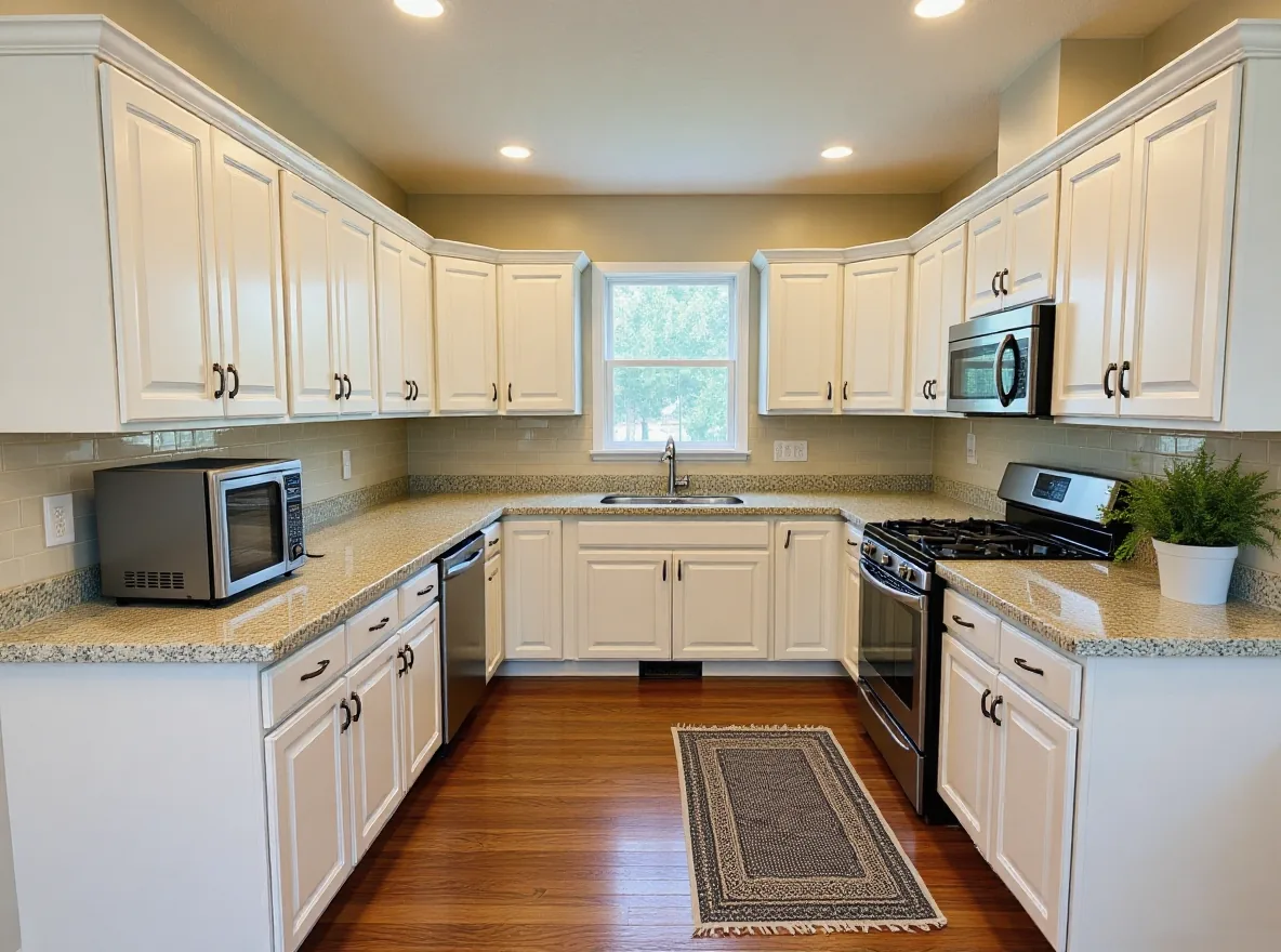 The same kitchen with a plant and a framed picture added